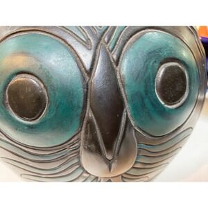 Vintage Owl Sculpture Teal Eyes Art Pottery Mid Century Modern Decor